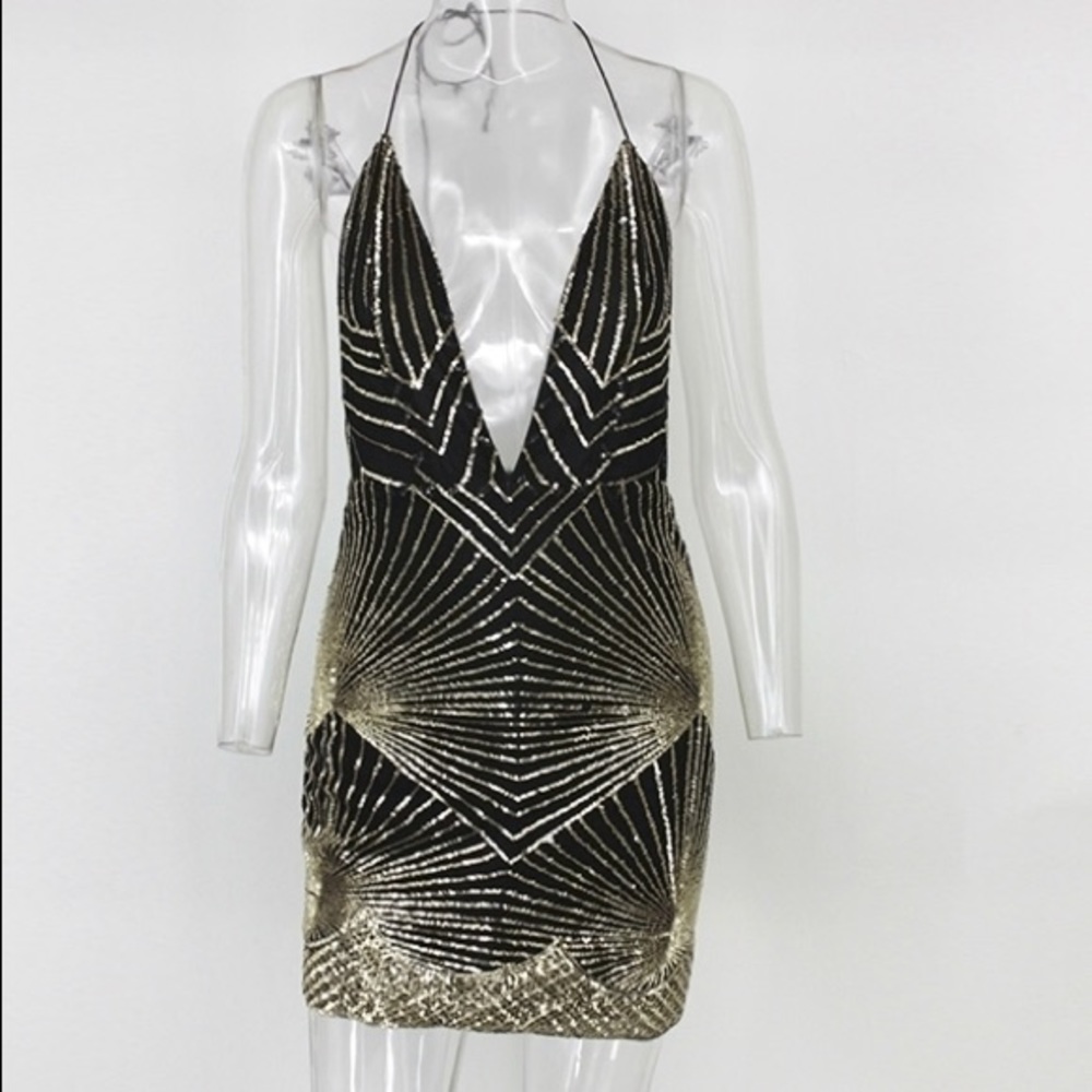 Black & Gold Sparking Sequin Cocktail Club Dress - Picture 4 of 8